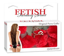 Fetish Fantasy Series The Original Furry Love Cuffs Red in packaging with faux fur lining and quick-release button