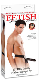 Fetish Fantasy Series Big Daddy Hollow 10" Strap On packaging with male model showcasing adjustable elastic harness and phthalate-free dong.