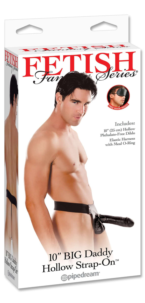 Fetish Fantasy Series Big Daddy Hollow 10" Strap On packaging with male model showcasing adjustable elastic harness and phthalate-free dong.