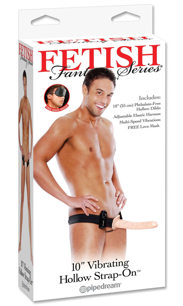 Fetish Fantasy Series 10" Vibrating Hollow Strap On Flesh packaging with model wearing strap-on and product features.