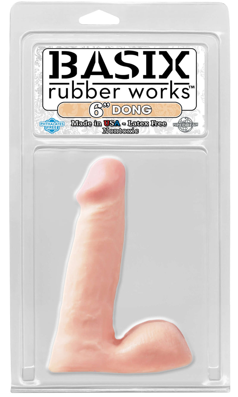 Basix Rubber Works 6" Flesh Dong in packaging, phthalate and latex-free, hypoallergenic, made in USA, realistic shape.