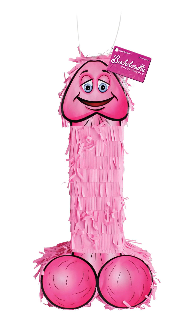 Pink penis-shaped pinata for bachelorette party with smiling cartoon face, tagged "Bachelorette Party Favors Pecker Pinata"