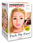 Pipedream Extreme Toyz Fuck My Face Blonde Mouth Masturbator packaging showing realistic features and lifelike design