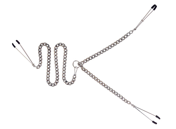 Y-Style nipple clamps with detachable clit clamp and chain, designed for exploring pain and pleasure.