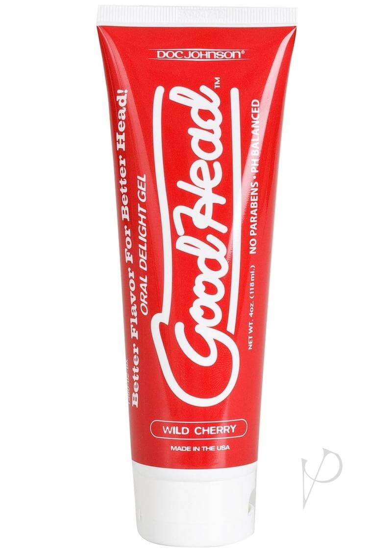 GoodHead Cherry 4oz Edible Blow Job Enhancer Gel in red tube by Doc Johnson, designed to enhance foreplay with delicious cherry flavor.
