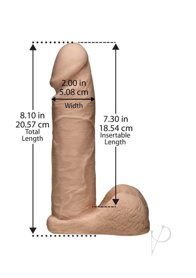 8-inch ULTRASKYN cock from Vac-U-Lock Strap-On Kit, showcasing detailed measurements with total length, insertable length, and width.