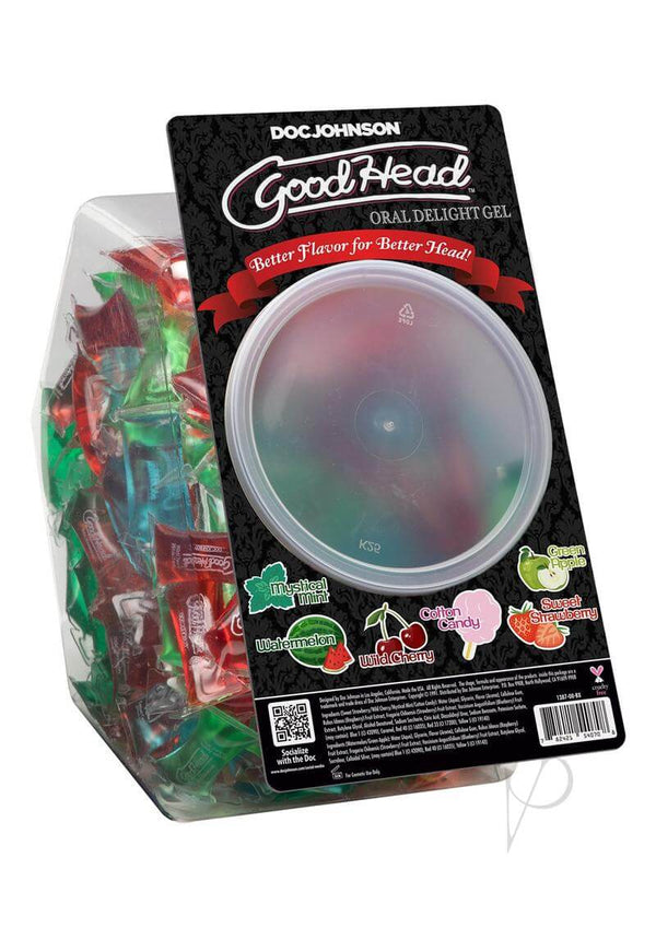 GoodHead Mini Paks 216/bowl featuring six flavorful oral delight gel variants in a clear fishbowl container.