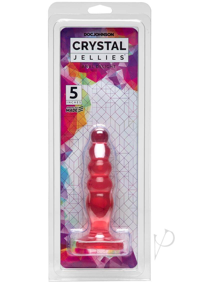 Doc Johnson's Crystal Jellies 5" Anal Delight Pink in packaging showing the bubbled design and graduated form.
