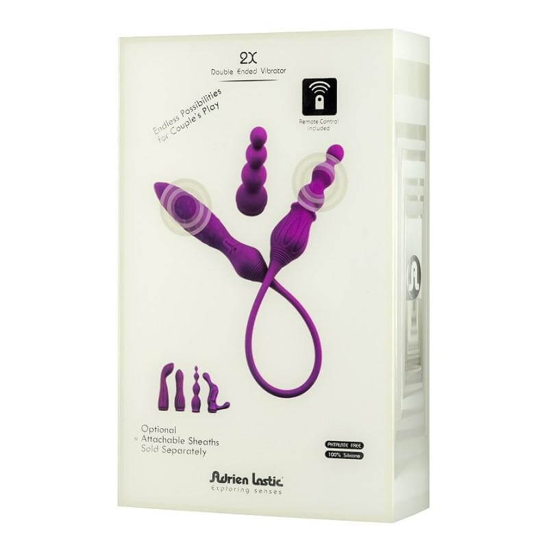 Adrien Lastic 2X double ended vibrator with remote control in packaging, designed for couples play and versatile enjoyment.