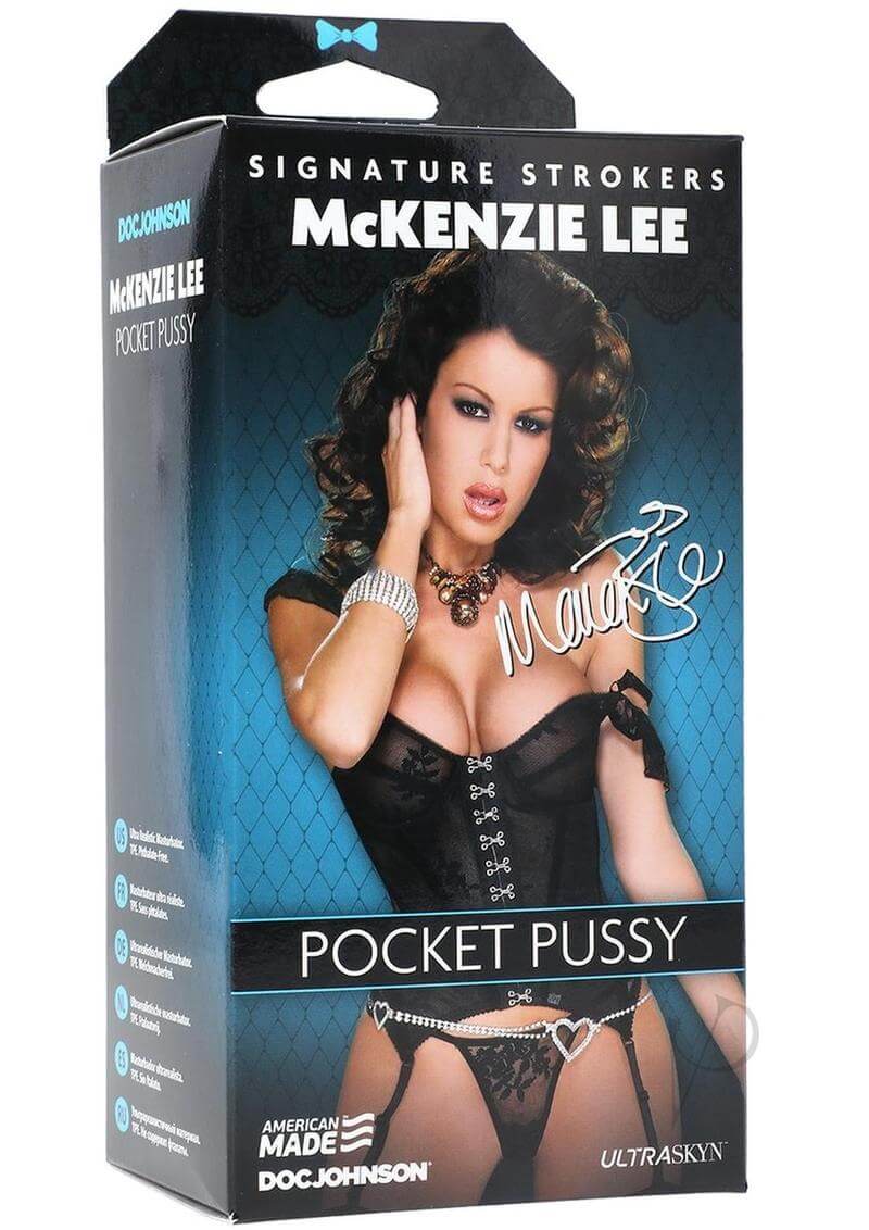 McKenzie Lee Pocket Pussy Signature Stroker packaging featuring realistic ULTRASKYN design by Doc Johnson.