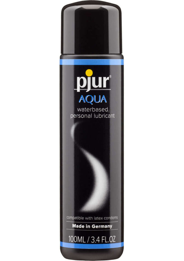 Pjur Aqua 100ml water-based personal lubricant bottle for moisturizing and lubricating, compatible with latex condoms and sex toys.