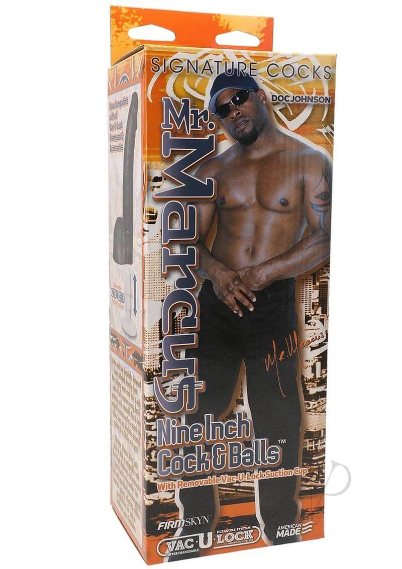 Product packaging of Doc Johnson's Vac U Lock Mr. Marcus 9" Cock and Balls, featuring a realistic pornstar replica.