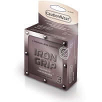 Caution Wear Iron Grip Snugger Fit Lubricated Condoms 3-Pack box with secure fit design and silicone-based lubrication.