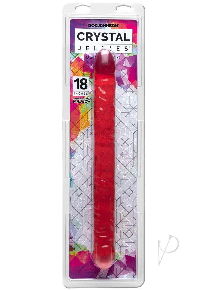 Doc Johnson's 18-inch Crystal Jellies Double Dong in pink packaging on a colorful background.
