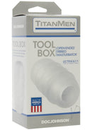 TitanMen Tool Box Clear UR3 Masturbator packaging by Doc Johnson, open-ended, ribbed design for enhanced pleasure.
