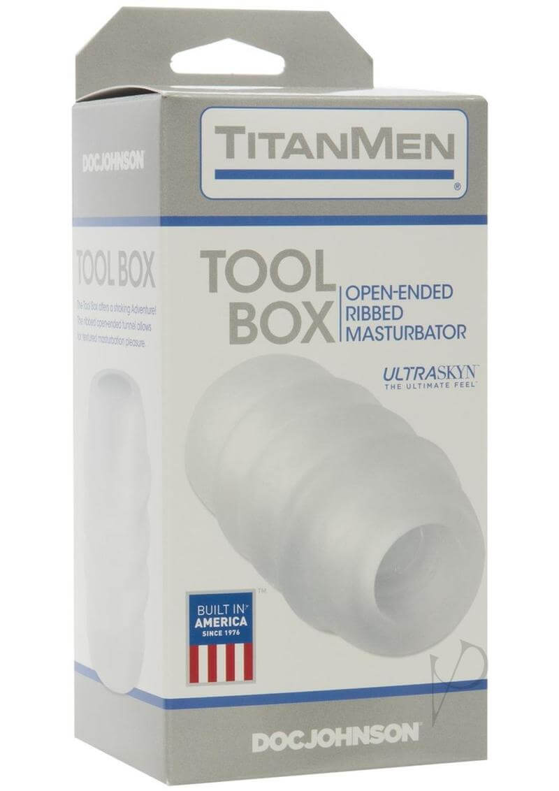 TitanMen Tool Box Clear UR3 Masturbator packaging by Doc Johnson, open-ended, ribbed design for enhanced pleasure.
