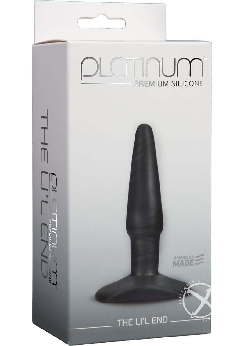Platinum Lil End Charcoal Butt Plug packaging for beginners in a premium silicone design with sleek 4-inch length.