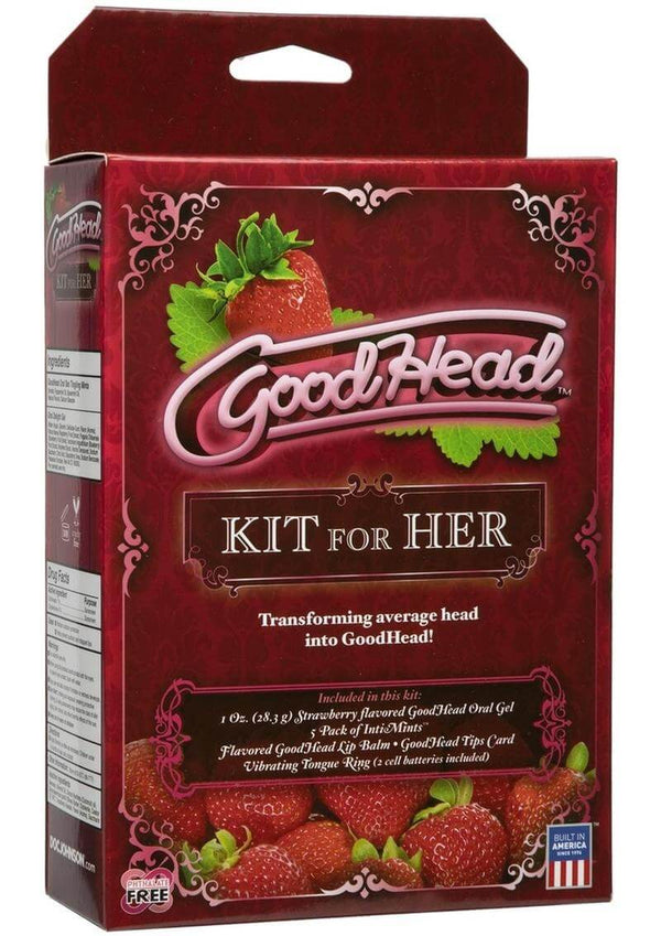 GoodHead Kit For Her in Sweet Strawberry packaging, featuring lip balm and oral gel for enhancing oral pleasure. Includes instructions and strawberry imagery