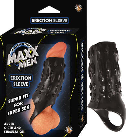 Maxx Men Erection Sleeve Black for added girth and stimulation, waterproof TPE, packaging and product view.