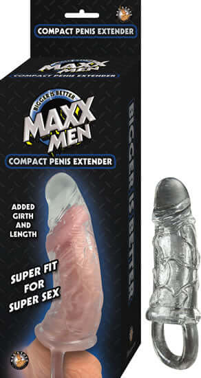 Clear Maxx Men Compact Penis Sleeve packaging and product, enhancing sensation with realistic veining, extra girth, and length.