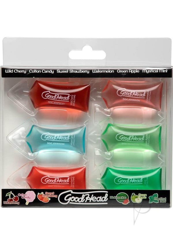GoodHead Pillow 6-Pack Edible Blow Job Enhancer with assorted flavors like Wild Cherry, Cotton Candy, and Green Apple in pillow packs
