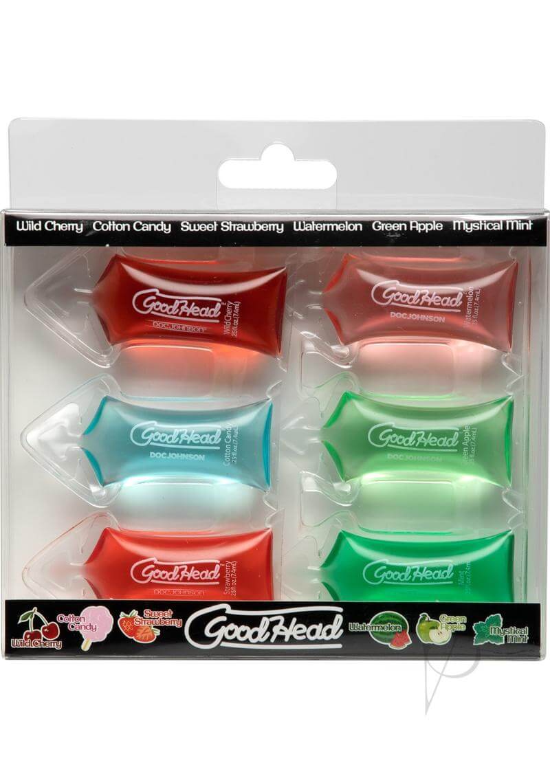 GoodHead Pillow 6-Pack Edible Blow Job Enhancer with assorted flavors like Wild Cherry, Cotton Candy, and Green Apple in pillow packs