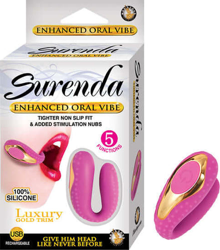 Surenda Enhanced Oral Vibe in pink with luxury gold trim, featuring 5 functions and a waterproof design, USB rechargeable.