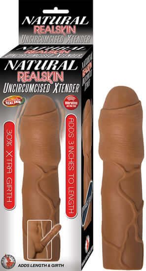 Natural Realskin Uncircumcised Xtender Penis Extension for enhanced length and girth with vibrating feature.