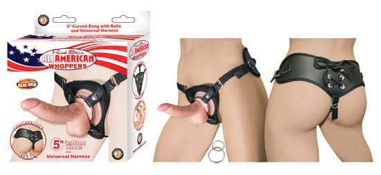 Nasstoys All American Whoppers 5 inches Curved Dong with Balls Beige and Universal Harness at $39.99