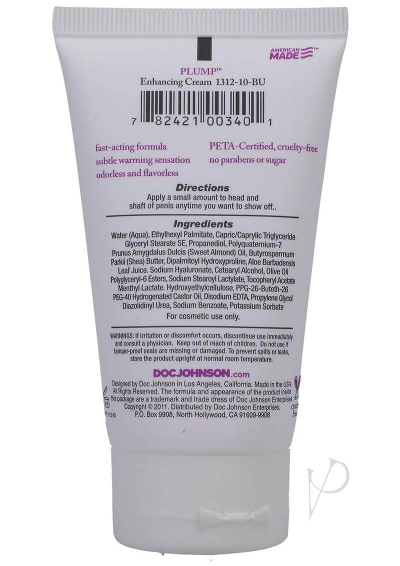 Back view of Plump Enhancement Cream for Men 2oz bottle with directions and ingredients listed