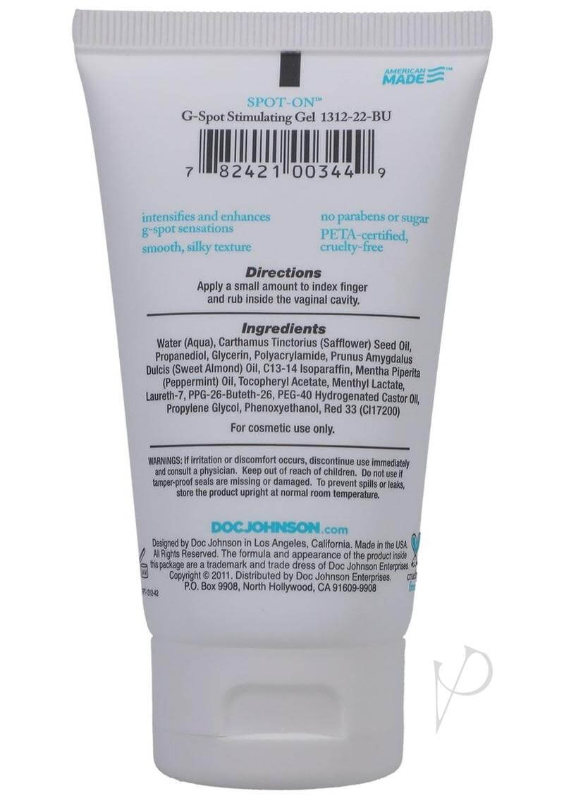 Back label of Spot-On G-Spot Stimulating Gel 2oz bottle showing ingredients, usage directions, and product details.