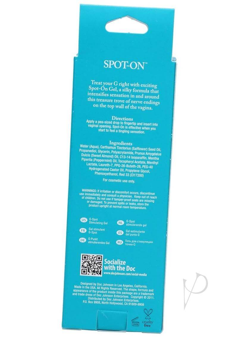 Back of Spot-On G-Spot Stimulating Gel packaging with product directions and ingredients listed.