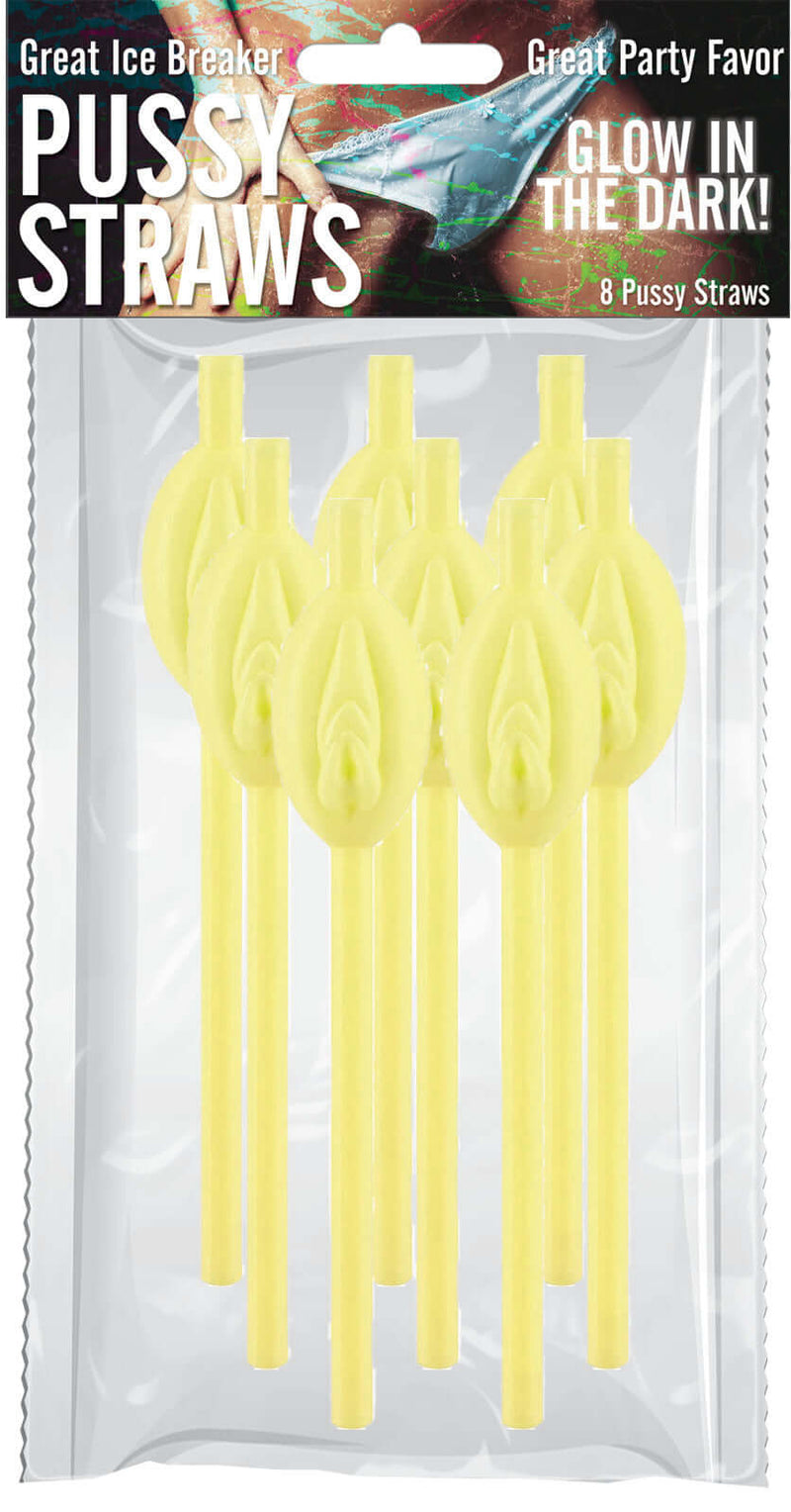 Glow in the Dark Pussy Straws 8-piece Party Pack by Hott Products Unlimited in packaging for adult parties and bachelorette celebrations