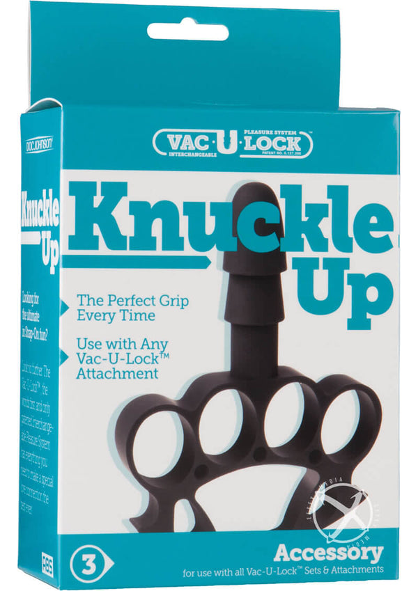 Vac U Lock Knuckle Up hands-on pleasure accessory in packaging, featuring universal knuckle rings and plug for versatile intimate play
