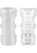 Doc Johnson Mood Pleaser Massage Beads Frost Masturbator showing soft, stretchy texture with four distinct internal textures
