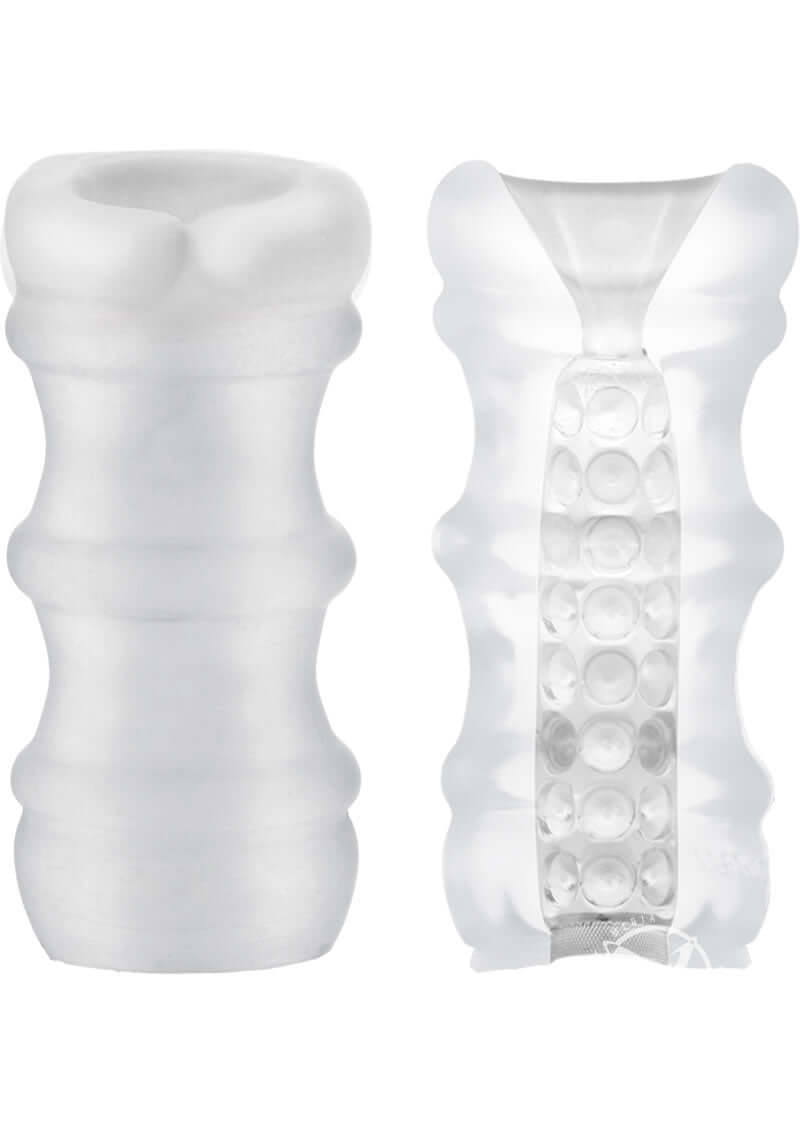 Doc Johnson Mood Pleaser Massage Beads Frost Masturbator showing soft, stretchy texture with four distinct internal textures