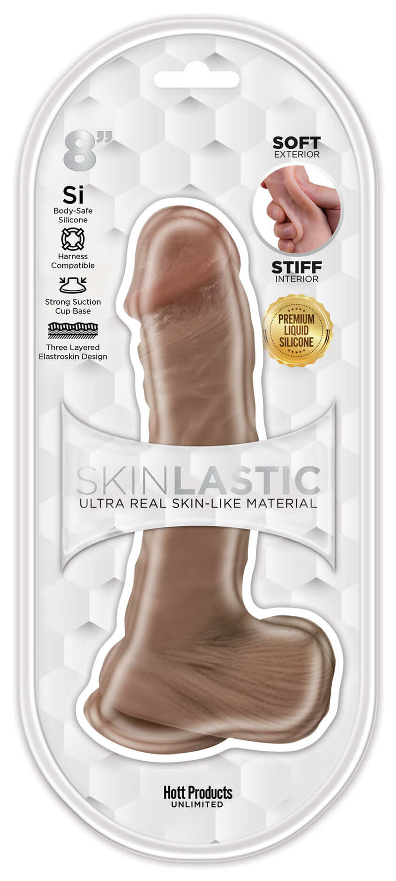Skinsations Skinlastic Sliding Skin 8-Inch Dildo in packaging showing realistic design and features for versatile pleasure.