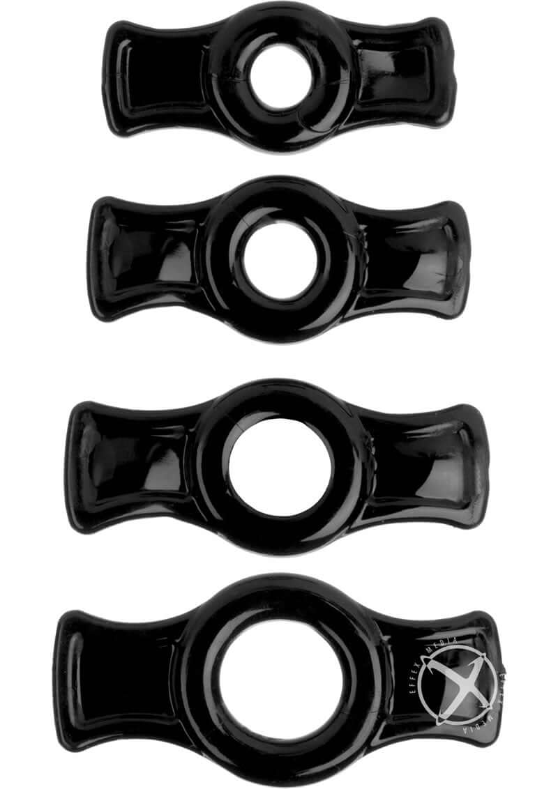 TitanMen Cock Ring Set in Black with four adjustable, stretch-to-fit pleasure rings and side tabs for easy adjustment.