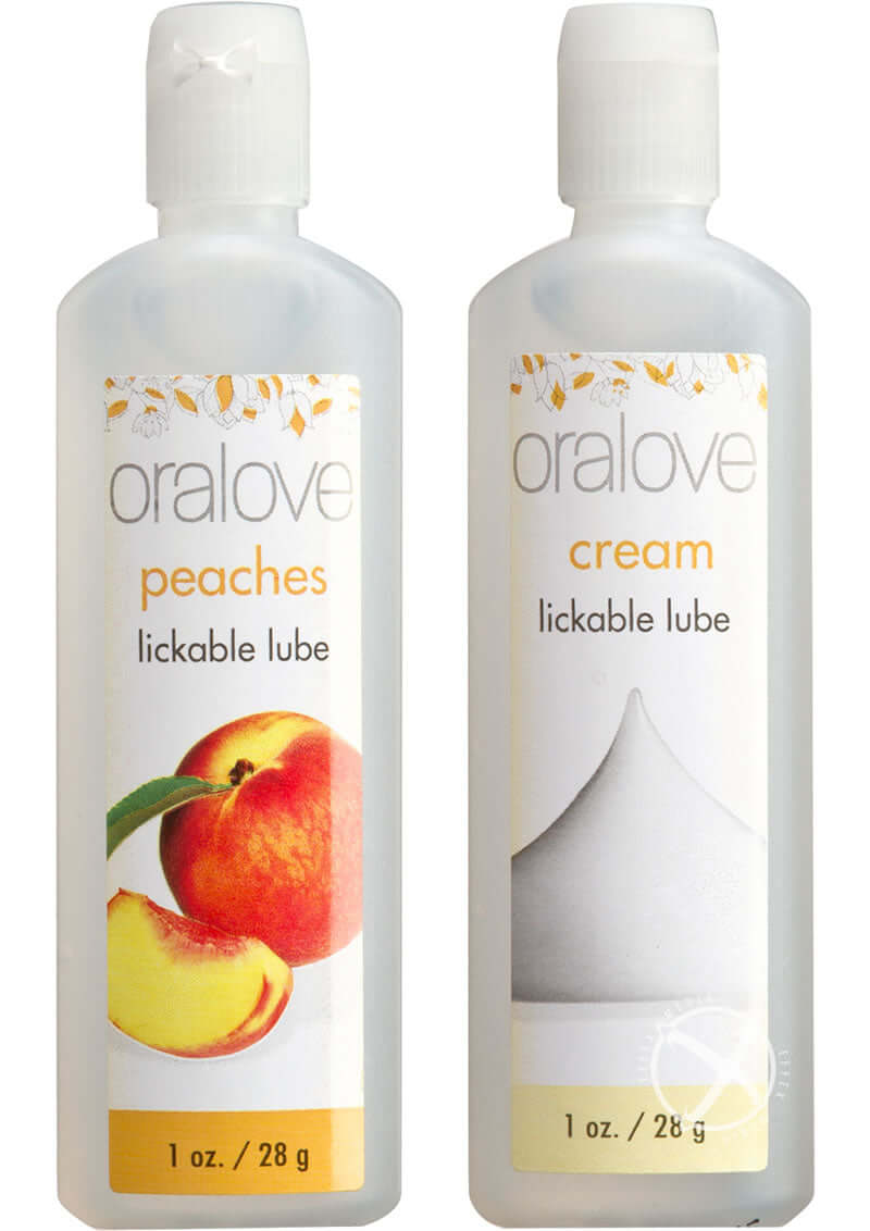 Oralove Delicious Duo Peaches and Cream lickable lubricant set for intimate pleasure, featuring two flavors in 1 oz bottles.