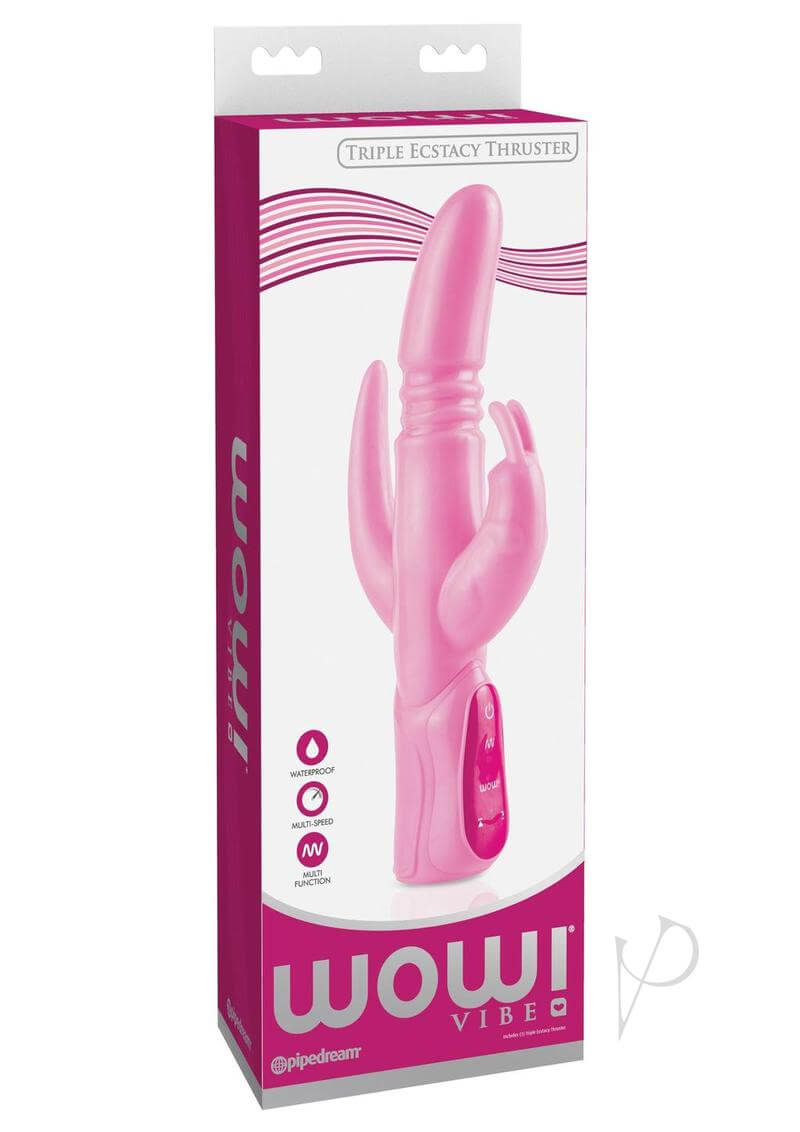 WOW Triple Ecstasy Thruster in package, premium luxury vibrator with thrusting action, pink body-safe TPR design with two Japanese motors