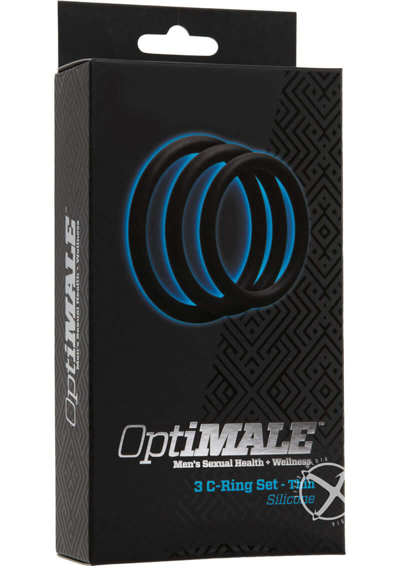 OptiMALE 3-Piece Thin C-Ring Set in Black, Enhanced Performance Silicone Rings Packaging