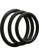 OptiMALE 3-Piece Thin C-Ring Set in Black, Enhanced Performance Silicone Rings in 40mm, 45mm, and 50mm sizes.