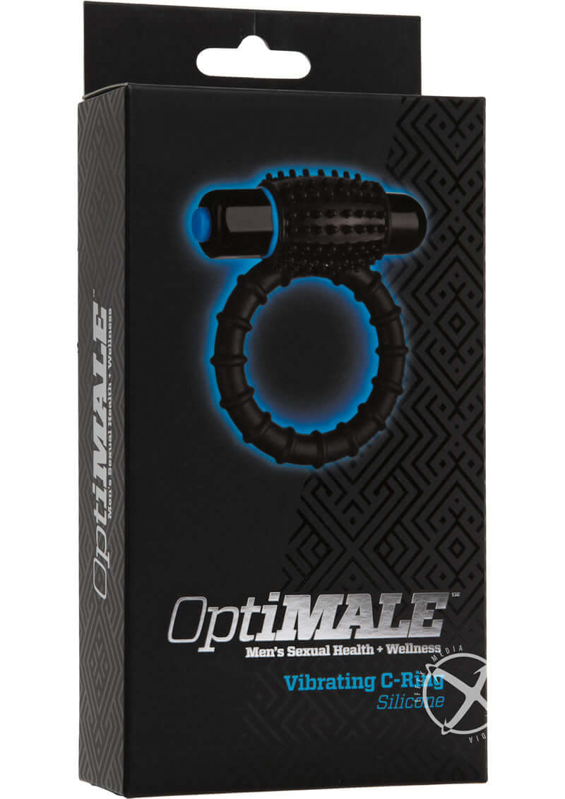 Packaging for Optimale Vibrating C-Ring in Black, featuring dual stimulation and textured silicone design for enhanced pleasure.