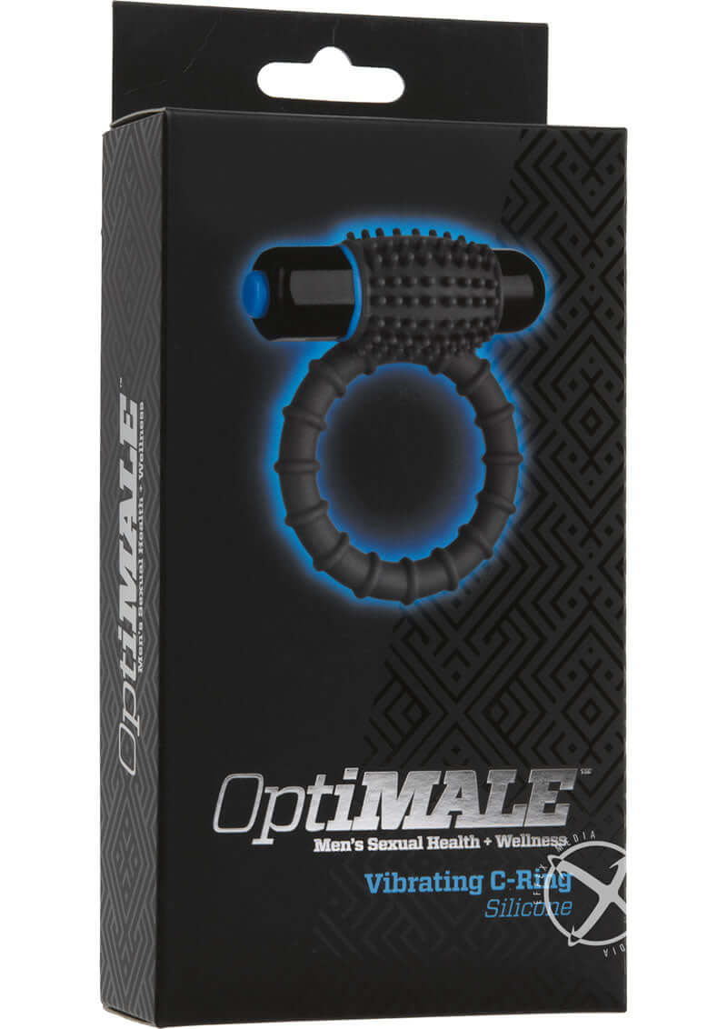 Optimale Vibrating C-ring in slate color packaging for enhanced couples pleasure and intimate sensations with removable bullet vibrator.