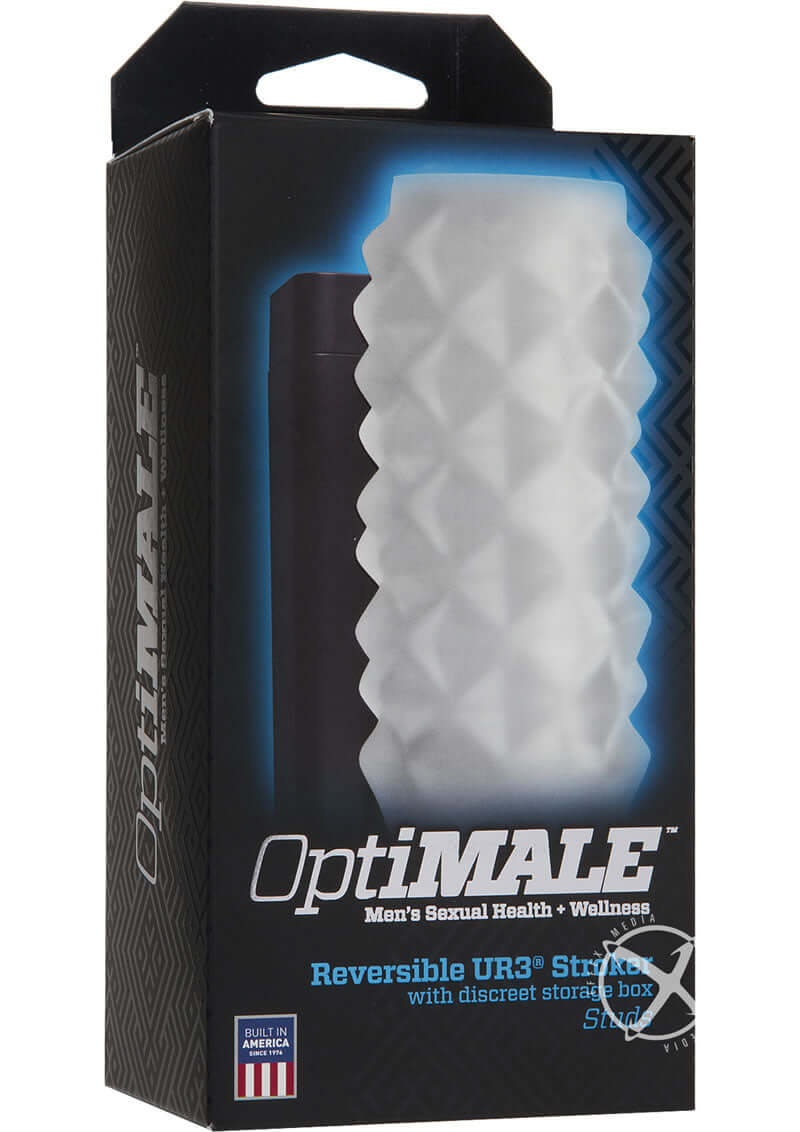 OptiMALE Reversible UR3 Stroker Studs in packaging with dual sensation design and massage beads, 5 inches long.