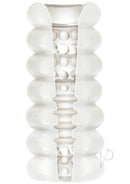 Triple-texture tunnel of Mood Thrill Frost, showcasing massage beads and thick ribbing for a unique pleasure sensation.