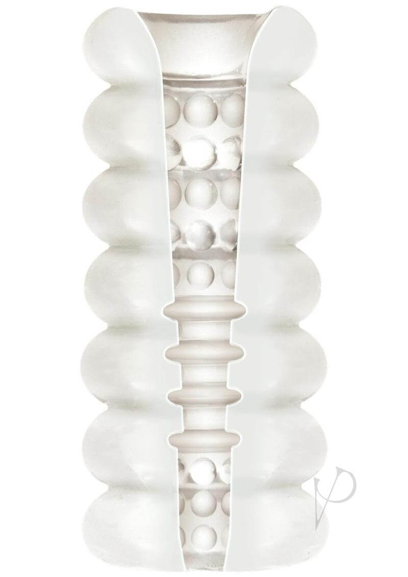 Triple-texture tunnel of Mood Thrill Frost, showcasing massage beads and thick ribbing for a unique pleasure sensation.