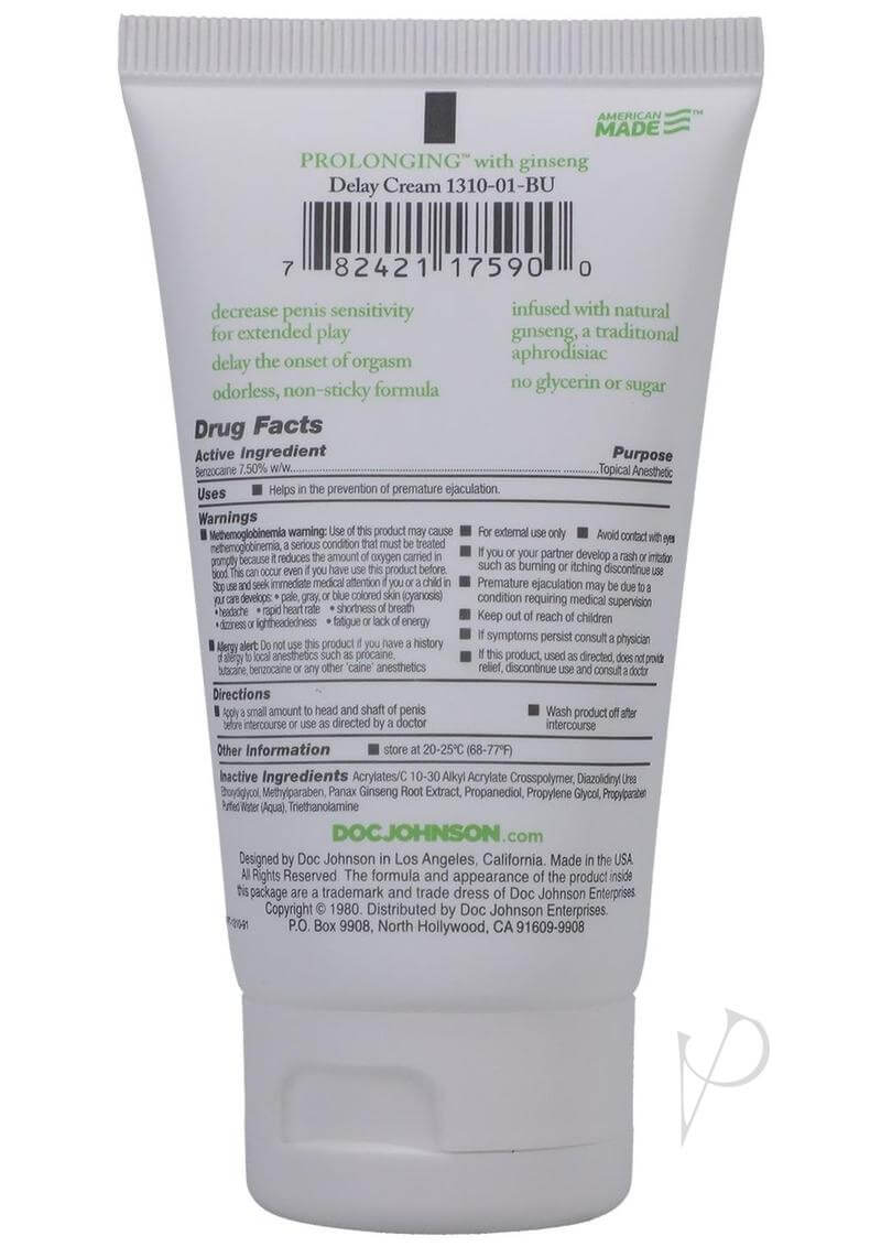 Back view of Prolonging Delay Cream for Men 2oz Bulk showing ingredient and usage information