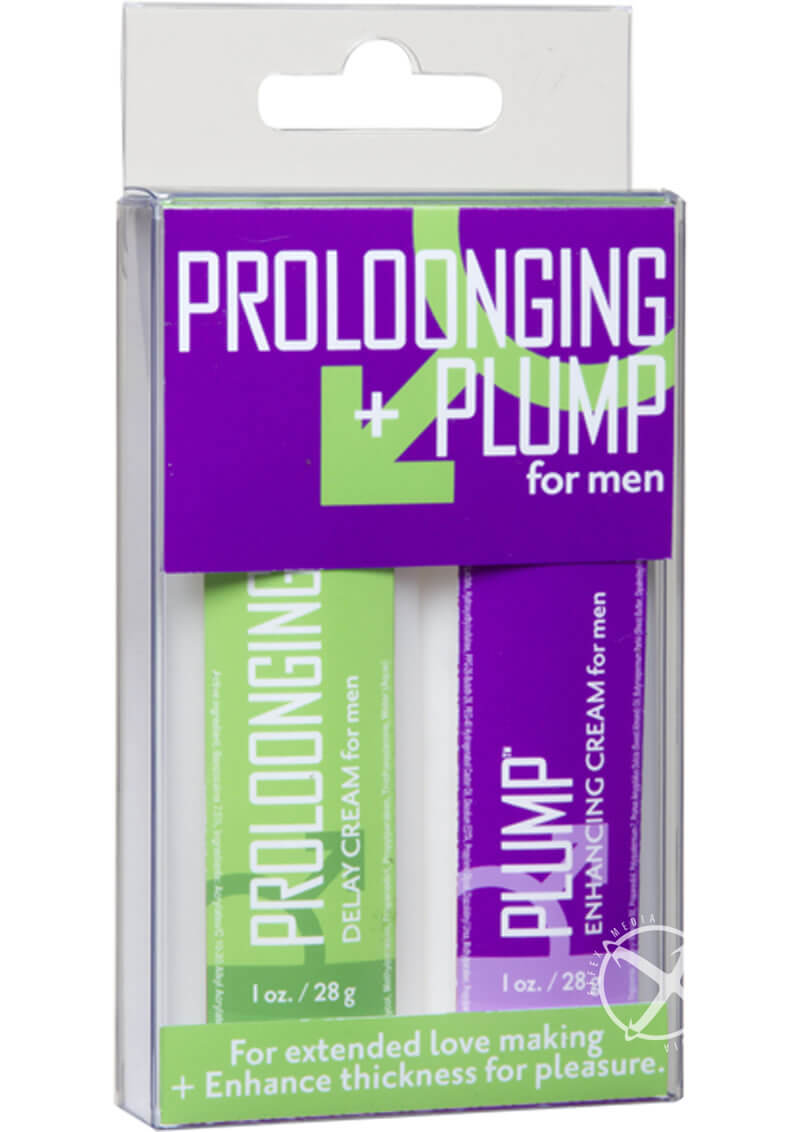 Proloonging and Plump for Men Kit packaging – delay and enhancing creams for extended pleasure and performance, compact 1 oz tubes.