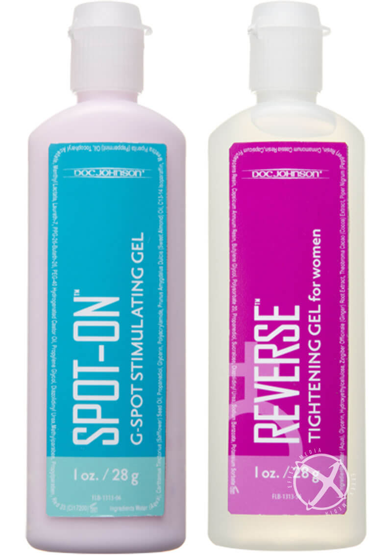 Spot-On G-Spot Stimulating Gel and Reverse Tightening Gel 1 oz bottles for women's intimate pleasure enhancement.